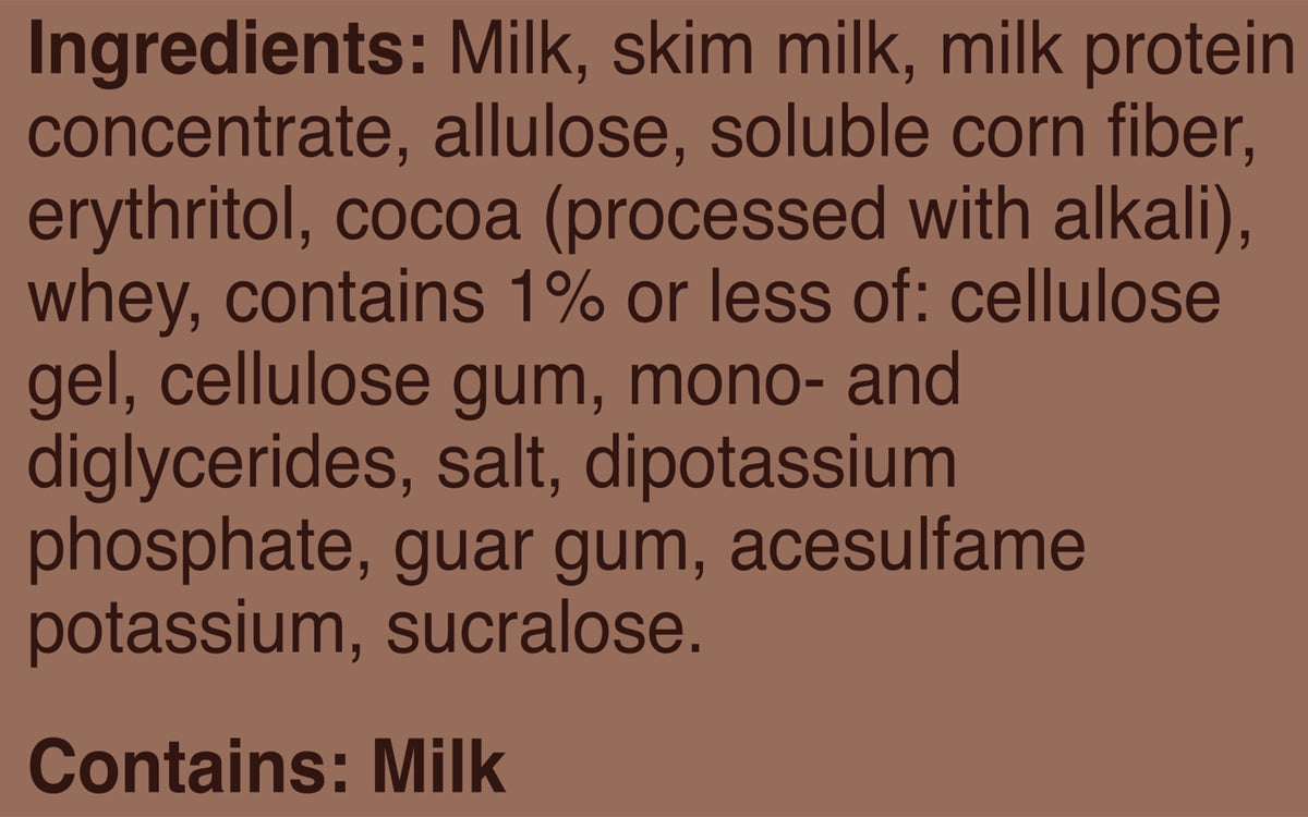Blue Bell PRO Chocolate Frozen Dairy Dessert Pints Ingredient Listing and Allergens stating 'Contains: Milk.'
