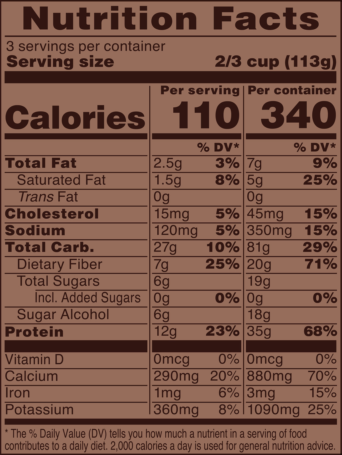 Blue Bell PRO Chocolate Frozen Dairy Dessert Pints Nutrition Facts label showing a serving size of 2/3 cup (113g) with 110 calories, listing nutrients such as total fat, cholesterol, sodium, and 12g protein per serving.

