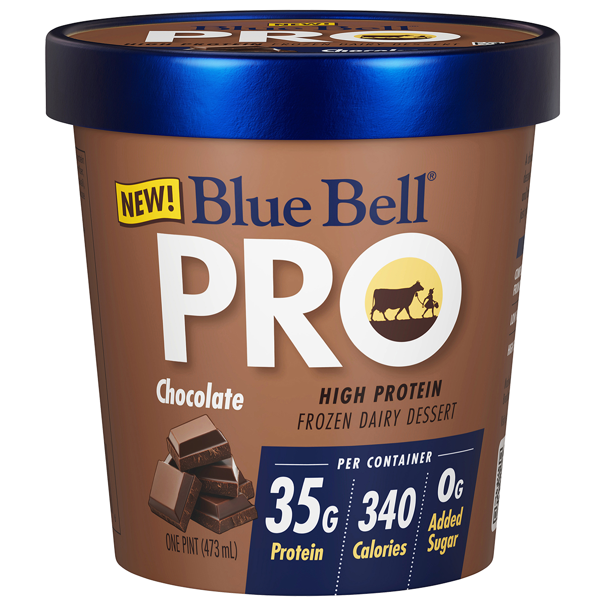 Pint of Blue Bell PRO Chocolate high protein frozen dairy dessert in brown carton and blue lid
