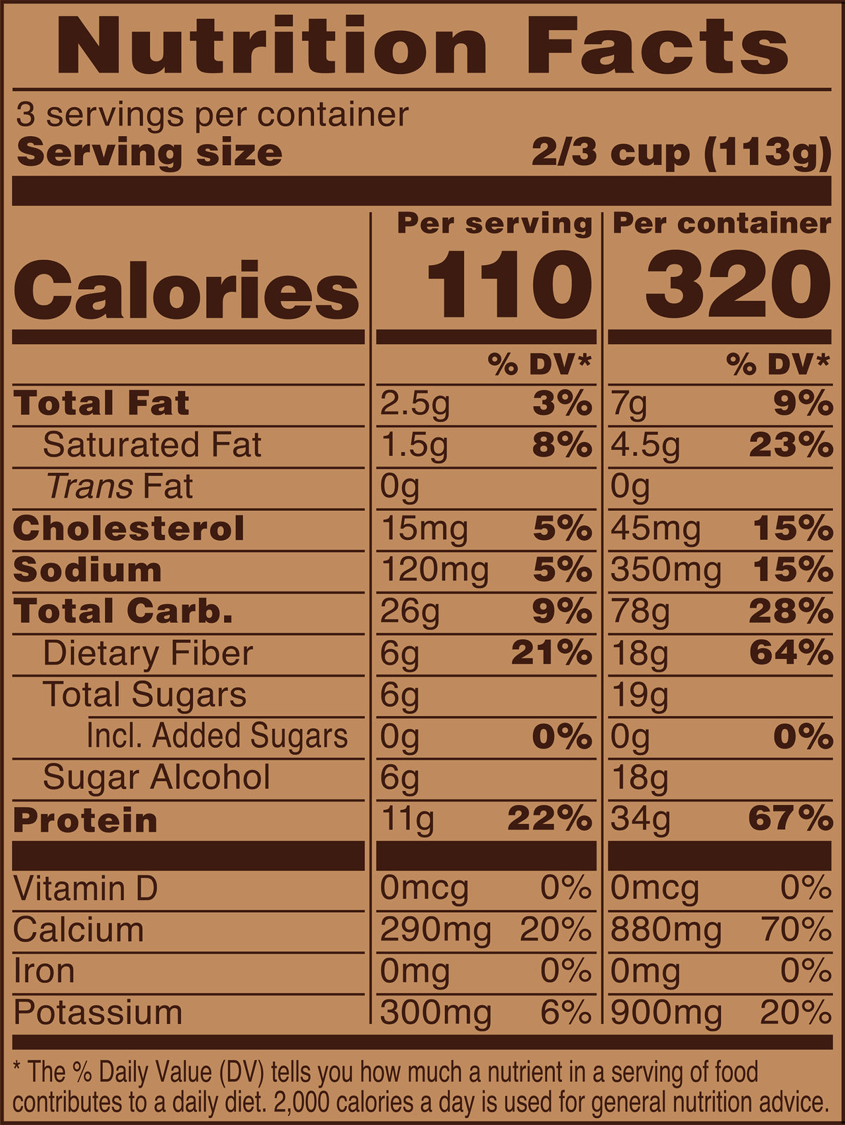 Blue Bell PRO Coffee Frozen Dairy Dessert Pints Nutrition Facts label showing a serving size of 2/3 cup (113g) with 110 calories, listing nutrients such as total fat, cholesterol, sodium, and 11g protein per serving.

