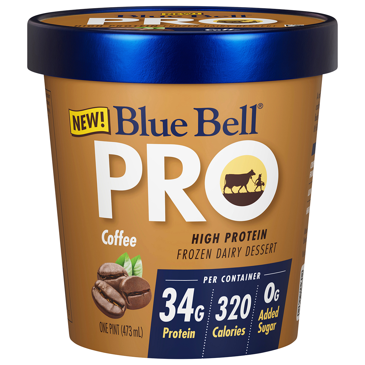 Pint of Blue Bell PRO Coffee high protein frozen dairy dessert in a brown carton and blue lid
