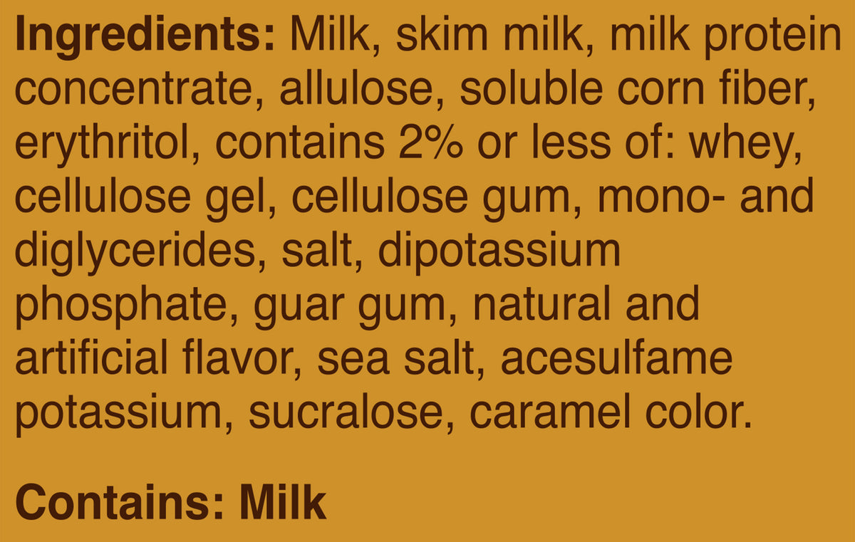 Blue Bell PRO Salted Caramel Frozen Dairy Dessert Pints Ingredient Listing and Allergens stating 'Contains: Milk.'