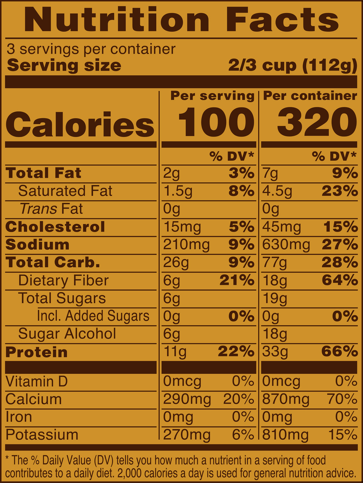 Blue Bell PRO Salted Caramel Frozen Dairy Dessert Pints Nutrition Facts label showing a serving size of 2/3 cup (112g) with 100 calories, listing nutrients such as total fat, cholesterol, sodium, and 11g protein per serving.
