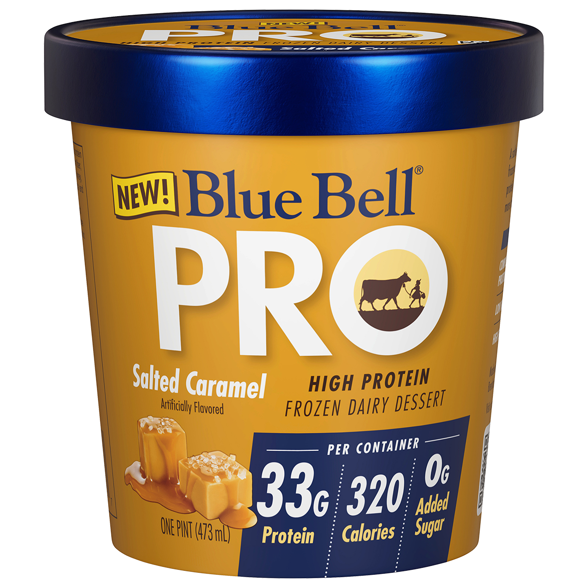 Pint of Blue Bell PRO Salted Caramel high protein frozen dairy dessert in a tan carton and blue lid
