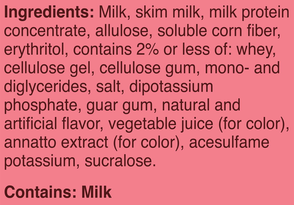 Blue Bell PRO Strawberry Frozen Dairy Dessert Pints Ingredient Listing and Allergens stating 'Contains: Milk.'