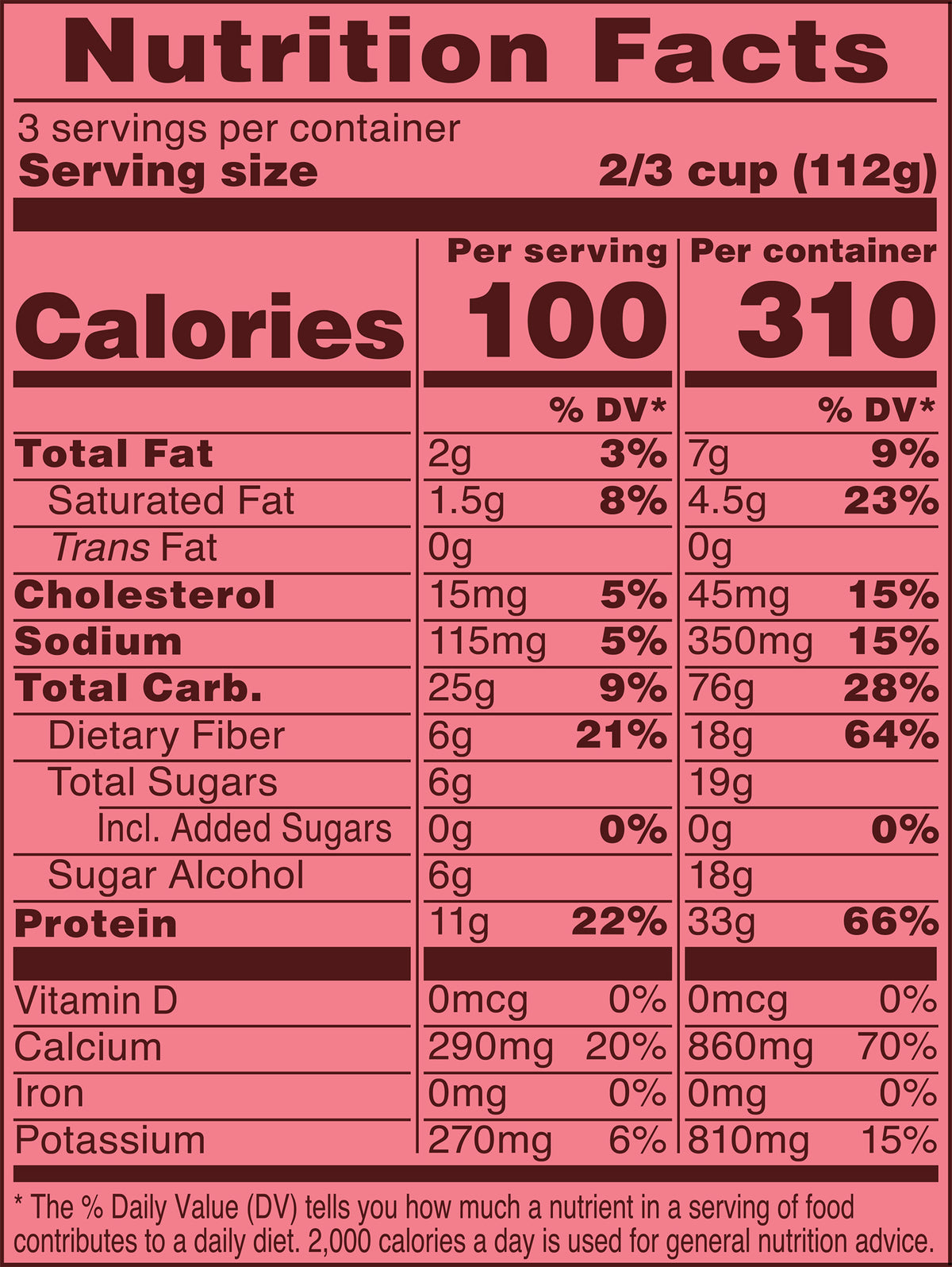 Blue Bell PRO Strawberry Frozen Dairy Dessert Pints Nutrition Facts label showing a serving size of 2/3 cup (112g) with 100 calories, listing nutrients such as total fat, cholesterol, sodium, and 11g protein per serving.
