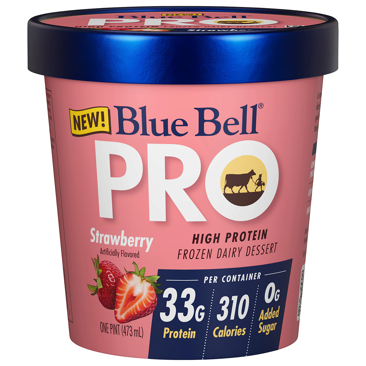 Pint of Blue Bell PRO Strawberry high protein frozen dairy dessert in pink carton and blue lid
