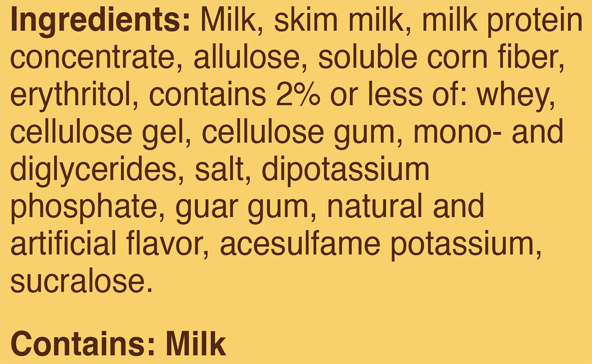 Blue Bell PRO Vanilla Frozen Dairy Dessert Pints Ingredient Listing and Allergens stating 'Contains: Milk.'