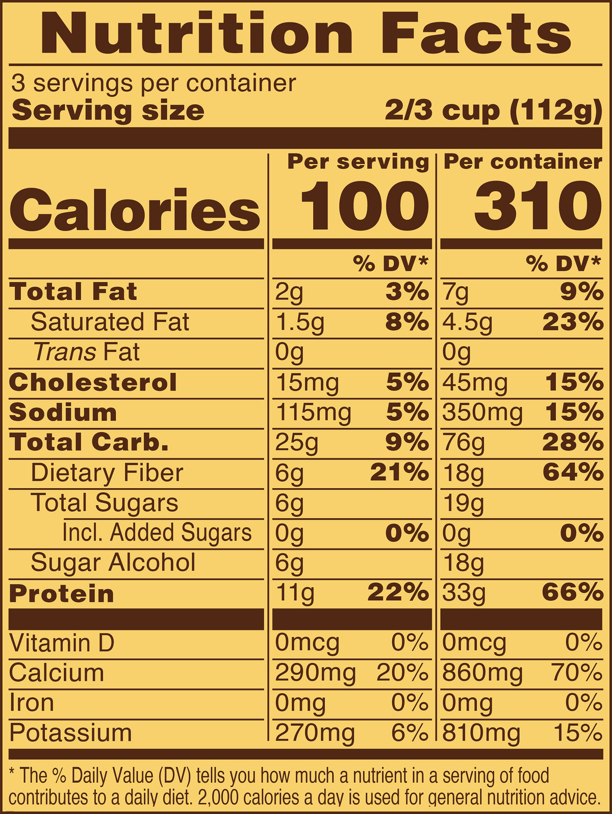 Blue Bell PRO Vanilla Frozen Dairy Dessert Pints Nutrition Facts label showing a serving size of 2/3 cup (112g) with 100 calories, listing nutrients such as total fat, cholesterol, sodium, and 11g protein per serving.