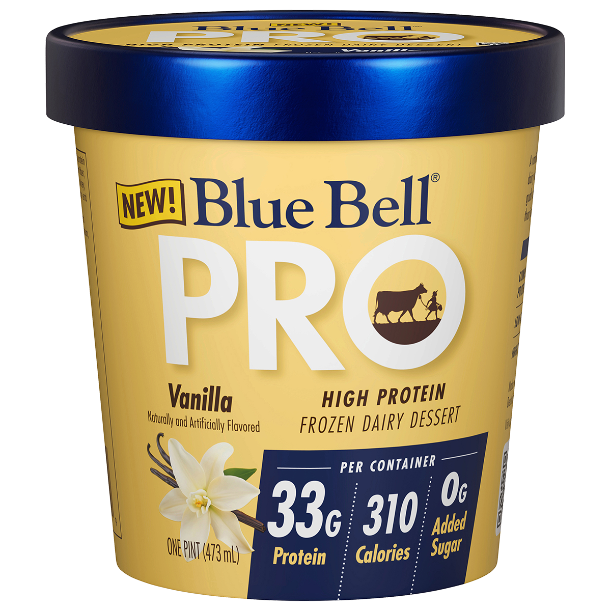 Pint of Blue Bell PRO Vanilla high protein frozen dairy dessert in yellow carton and blue lid
