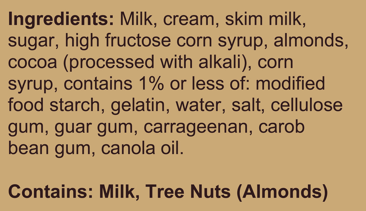 Blue Bell Rocky Road Ice Cream Pints Ingredient Listing and Allergens stating 'Contains: Milk, Tree Nuts (Almonds).'