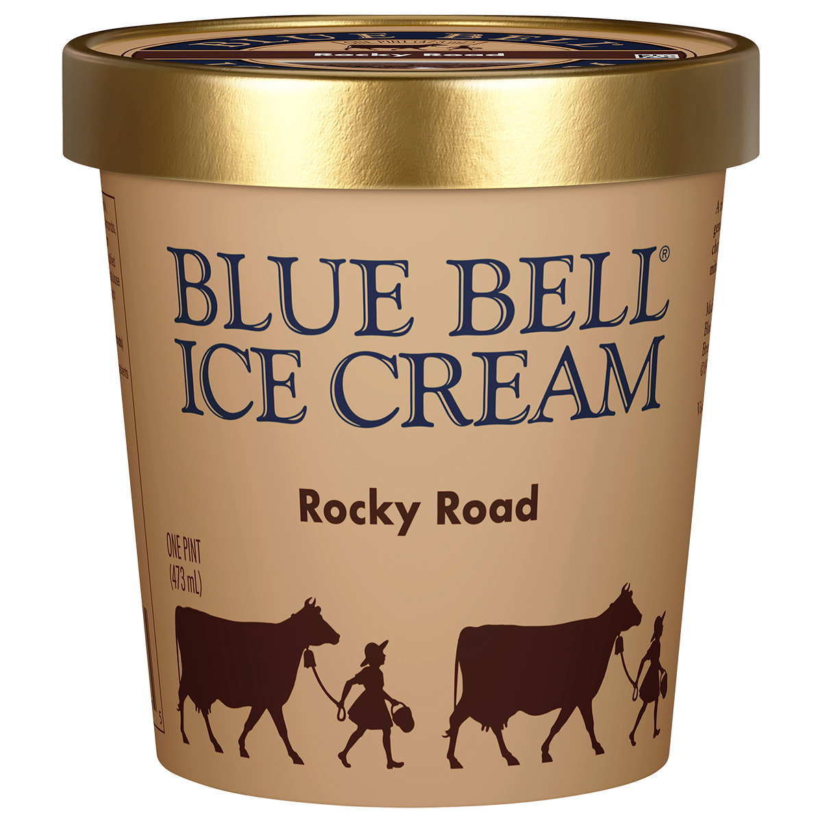 Pint of Blue Bell Rocky Road ice cream in tan carton with gold lid