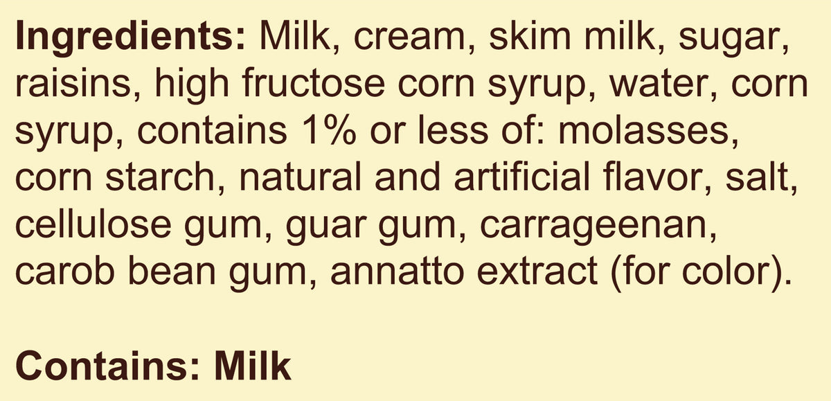 Blue Bell Rum Raisin Ice Cream Pints Ingredient Listing and Allergens stating 'Contains: Milk.'