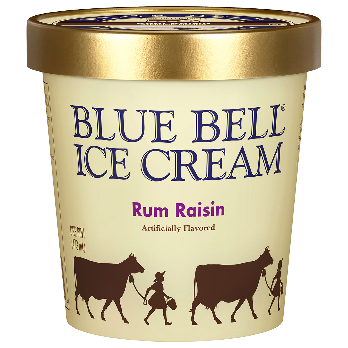 Pint of Blue Bell Rum Raisin ice cream in cream carton with gold lid 

