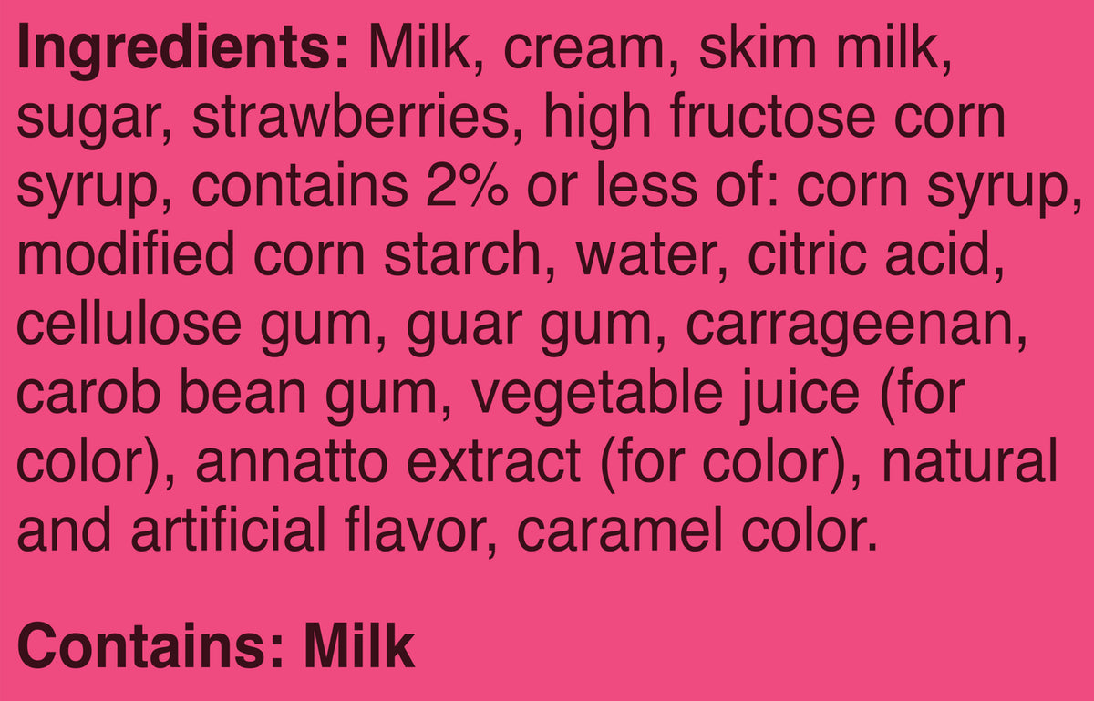 Blue Bell Strawberry Ice Cream Pints Ingredient Listing and Allergens stating 'Contains: Milk.'