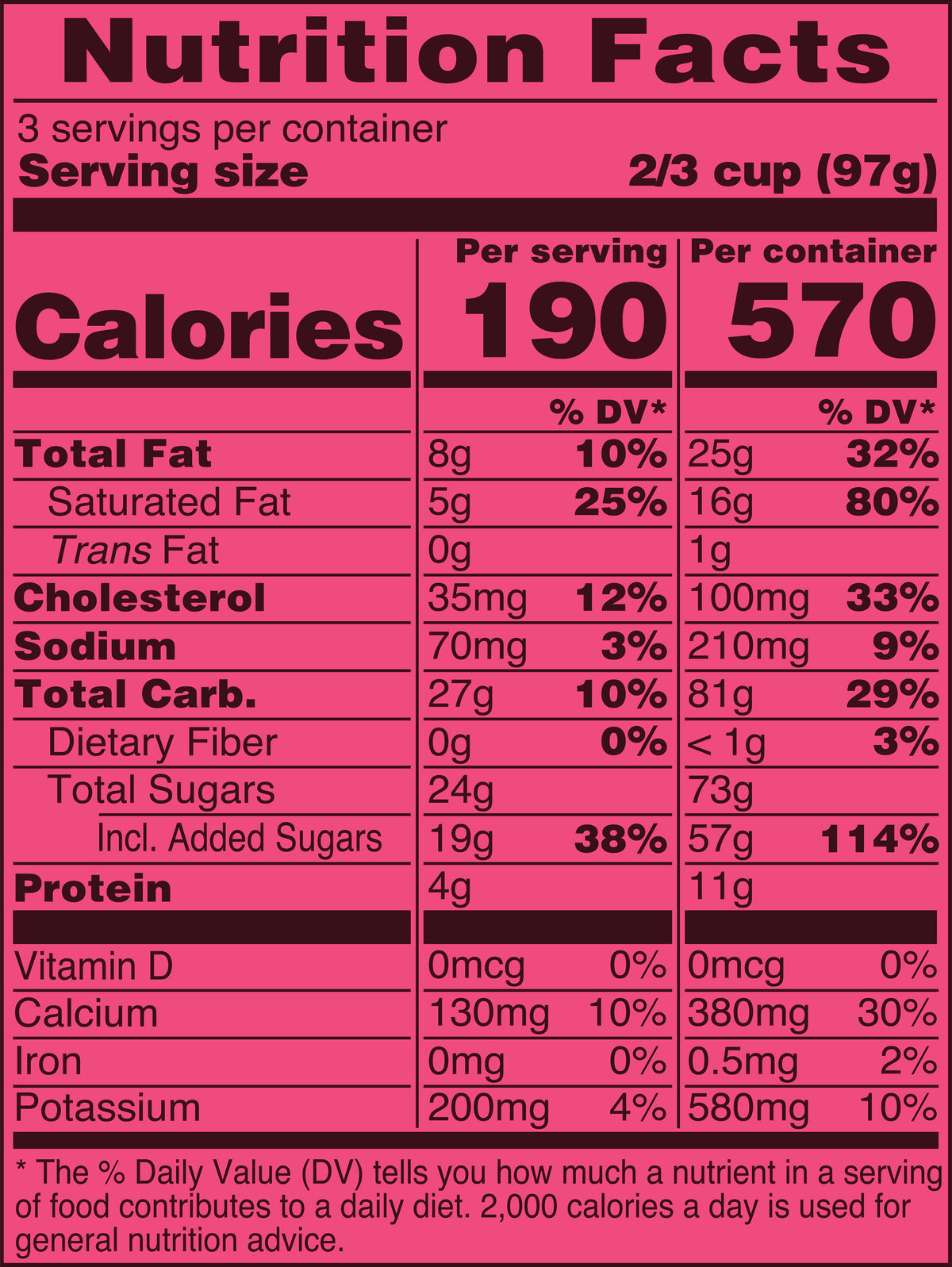 Blue Bell Strawberry Ice Cream Pints Nutrition Facts label showing a serving size of 2/3 cup (97g) with 190 calories, listing nutrients such as total fat, cholesterol, sodium, and protein per serving.