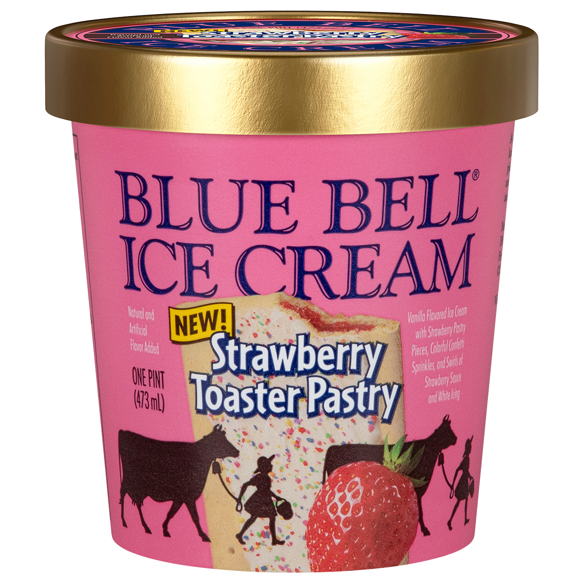 Pint of Blue Bell Strawberry Toaster Pastry ice cream in pink carton with gold lid