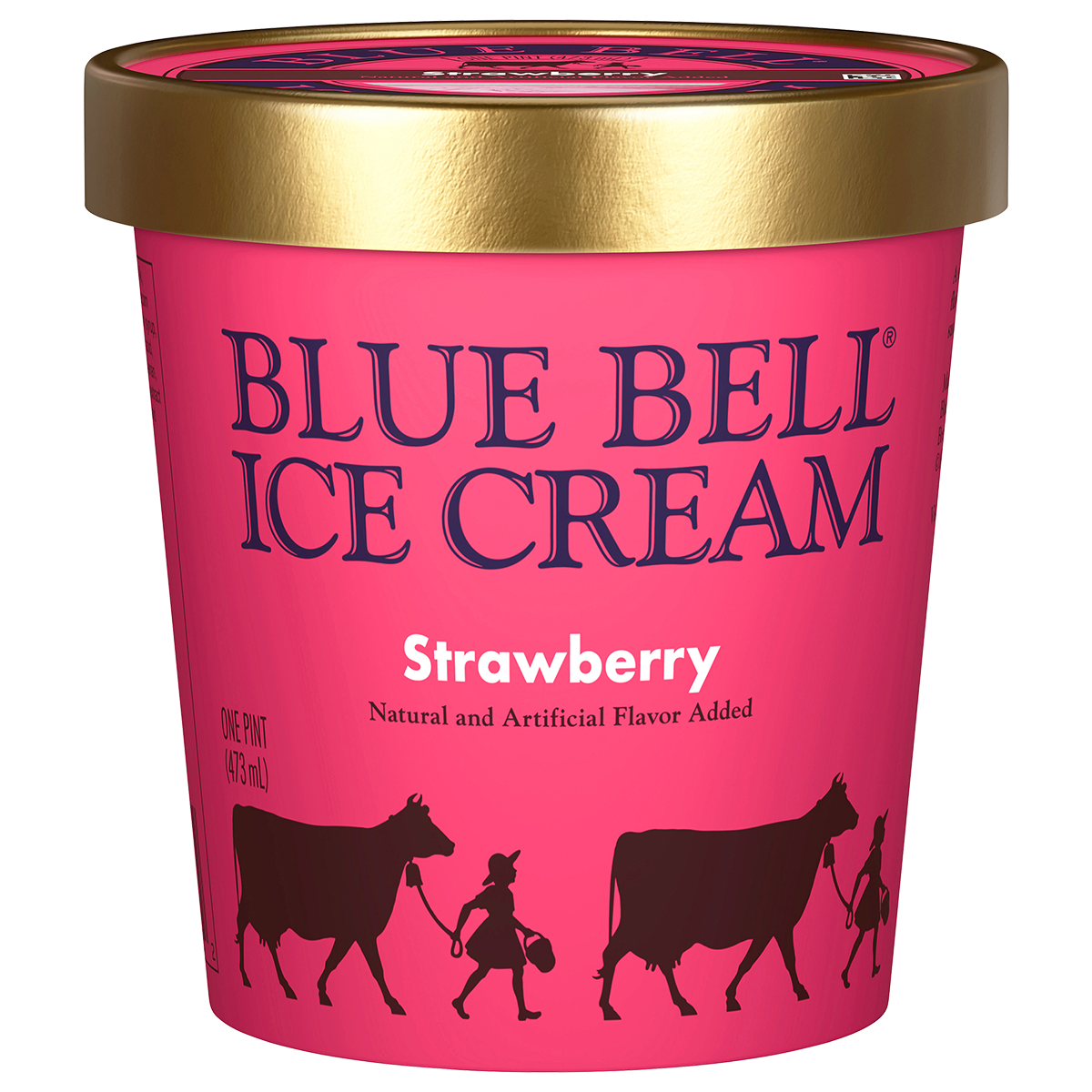 Pint of Blue Bell Strawberry ice cream in pink carton with gold lid