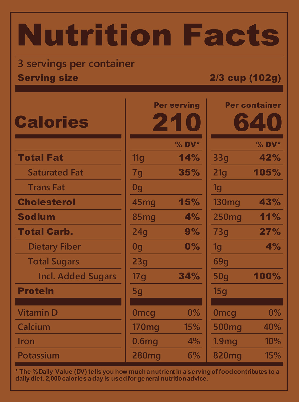 Blue Bell The Great Divide Ice Cream Pints Nutrition Facts label showing a serving size of 2/3 cup (102g) with 210 calories, listing nutrients such as total fat, cholesterol, sodium, and protein per serving.