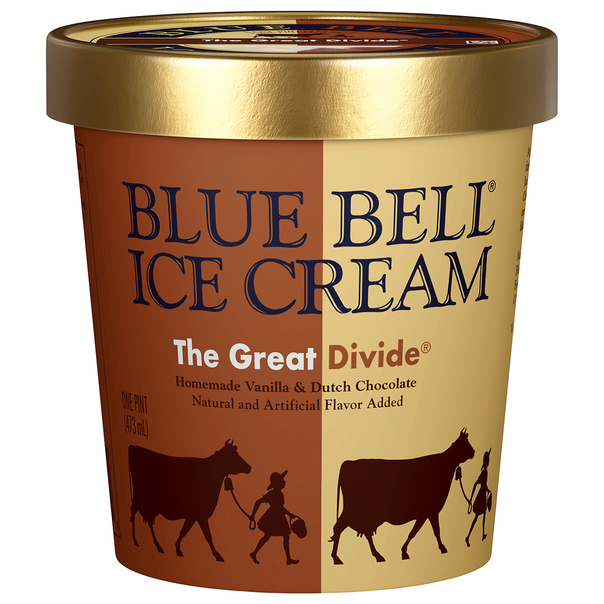 Pint of Blue Bell The Great Divide ice cream in brown and beige carton with gold lid 
