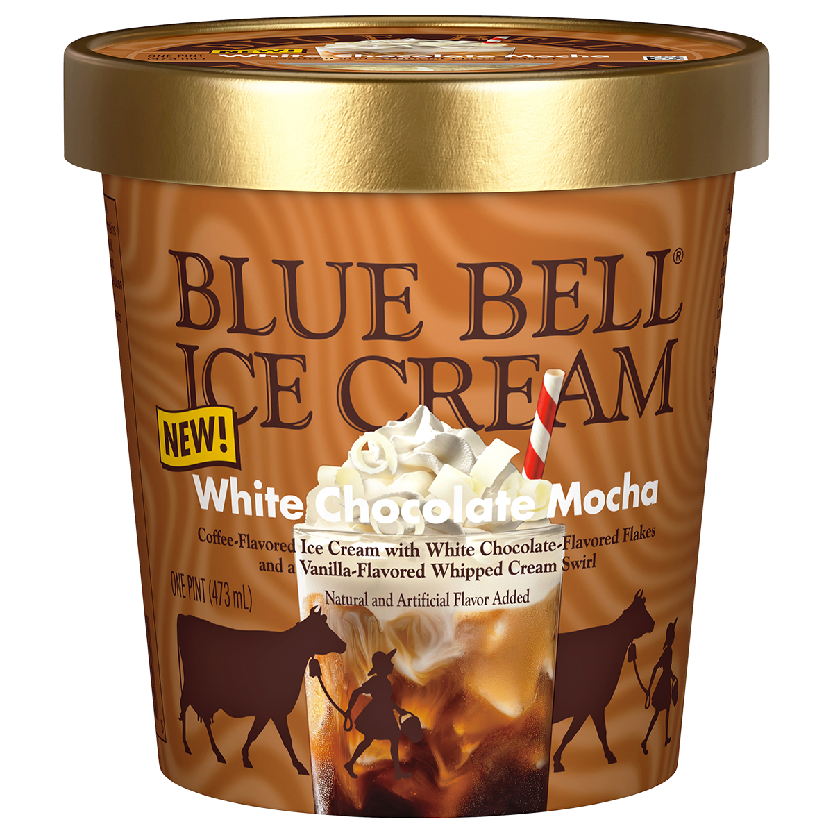 Pint of Blue Bell White Chocolate Mocha Ice Cream in a brown swirled container with a white chocolate mocha drink with straw and a gold lid